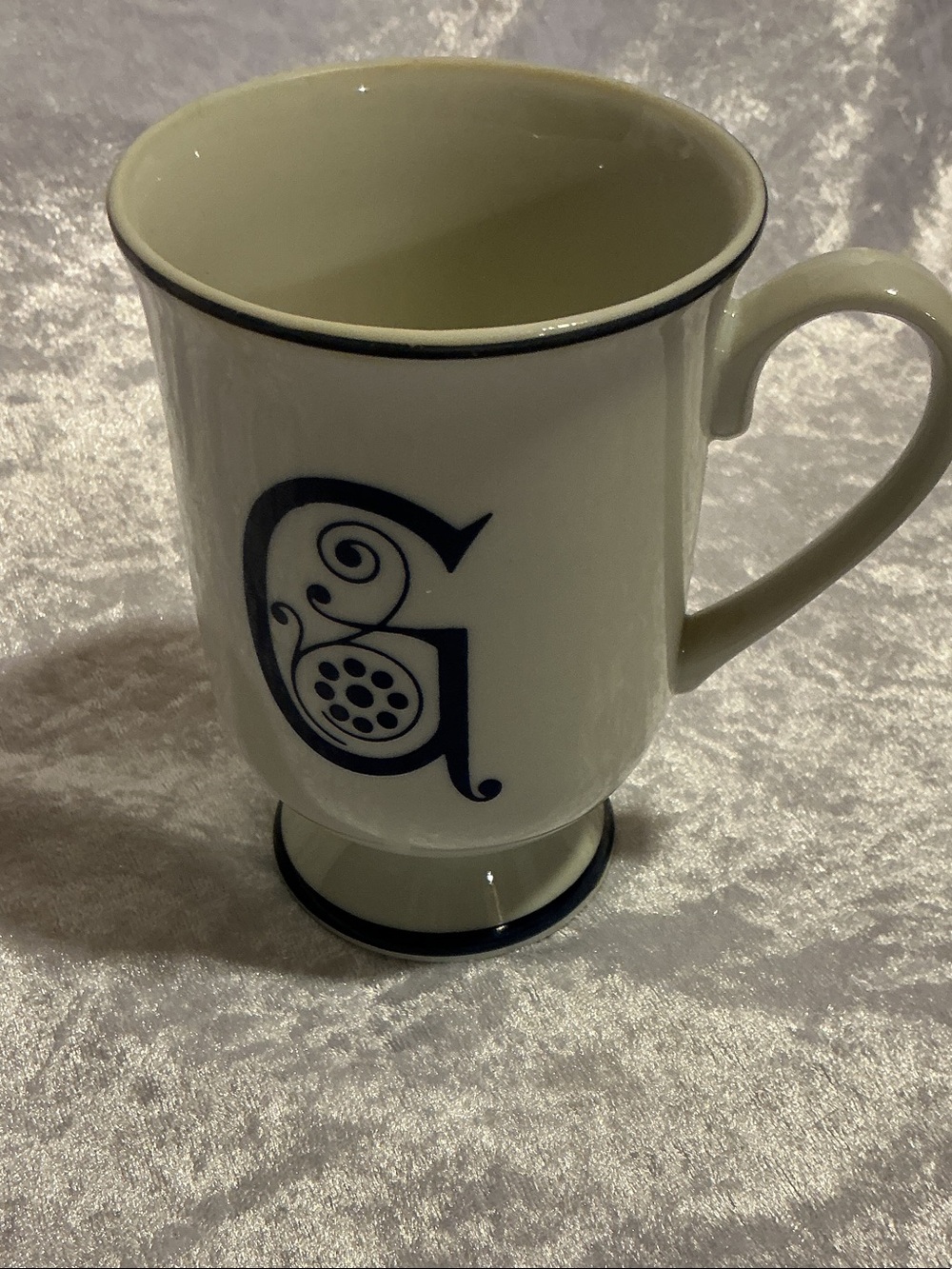 Monogram 'G' Ceramic Pedestal Mug - White with Navy Accent